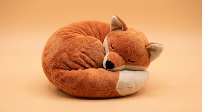 Sleeping fox squishy toy made of soft plush material. Cute animal shaped stress relief foam squeezable toy. Sensory fidget object for kids playing or home nursery interior decor.
