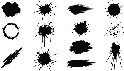 Fototapeta premium Grunge black ink splatters and paint drips, set of 12 vector brush strokes and liquid splashes, artistic ink blot collection for graphic design