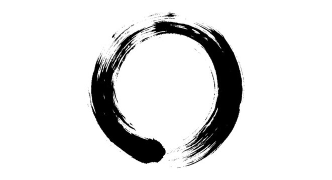 Zen Enso circle in black ink brush stroke style. Minimalist Japanese calligraphy circle on white background. Hand drawn ink ring for meditation and yoga branding.