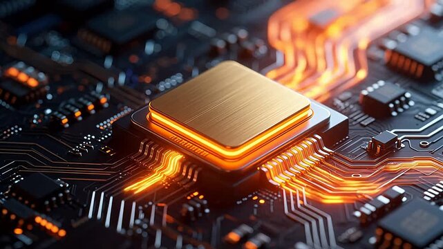 Glowing golden chip on black circuit board