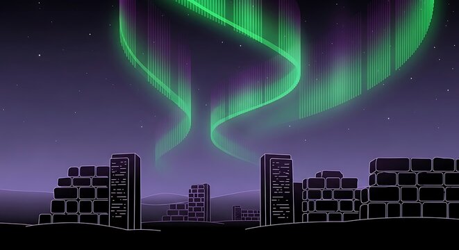 Aurora Over City Ruins.