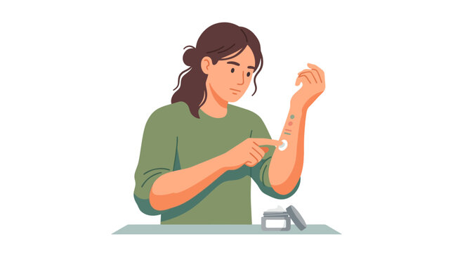 Woman performing cosmetic patch test on arm for skin allergy safety flat design vector illustration