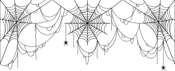 Obraz premium Spooky spider web border with hanging cobwebs, black line art spiderweb decoration for Halloween, creepy gothic net vector illustration