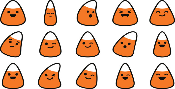 Set of cute candy corn characters with various funny facial expressions for halloween holiday design elements