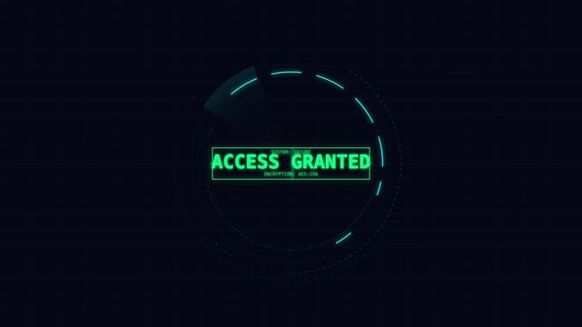 Digital interface shows 'access granted' with futuristic circular scan and grid background, cyber security concept