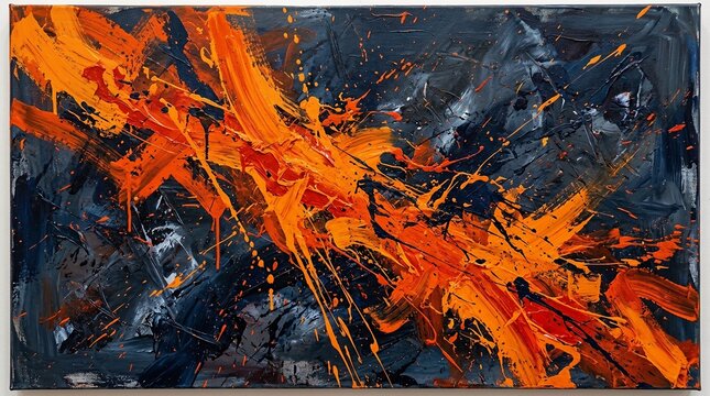 Abstract expressionist painting with vibrant orange and black