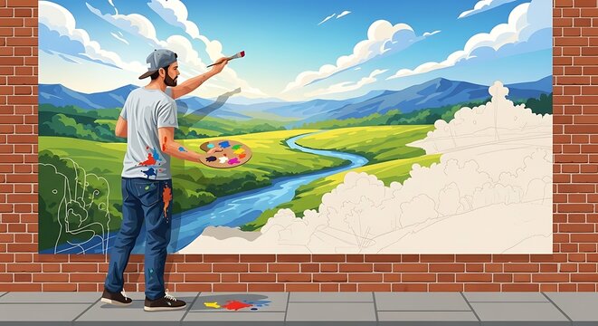 Mural painter at work.