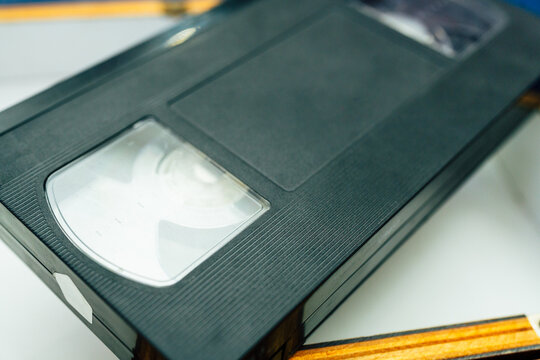 Close-up photography of a vintage VHS video cassette tape
