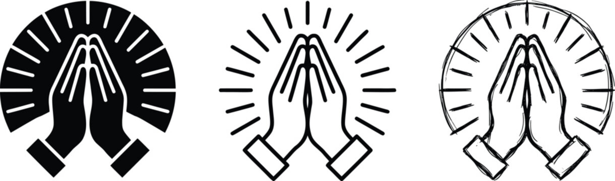 Religious praying hands vector icons set, spiritual prayer gesture with divine light rays, black and white namaste hand symbols for meditation