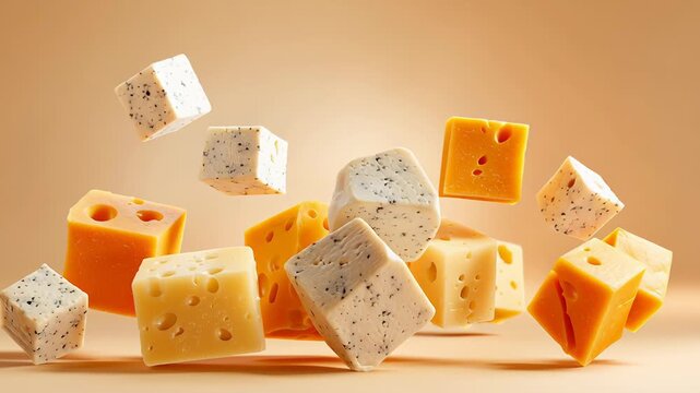 Floating assorted cheese cubes on beige background in creative food photography