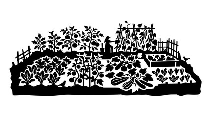 Obraz premium Black and White Silhouette Illustration of a Lush Home Vegetable Garden