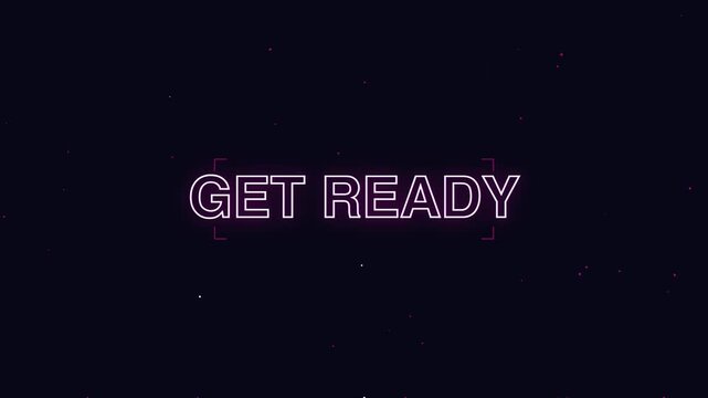 Pixelated text message GET READY glowing on dark background with small particles, retro gaming intro, digital announcement