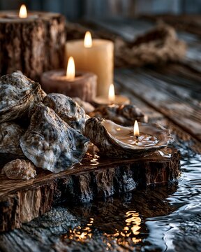 Rustic Ocean Ambiance with Candles, Shells, and Sparkling Water