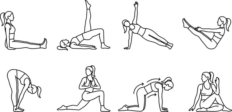 Minimalist yoga poses line art set, 8 pilates exercise icons in EPS format, black and white fitness workout illustrations for health and wellness