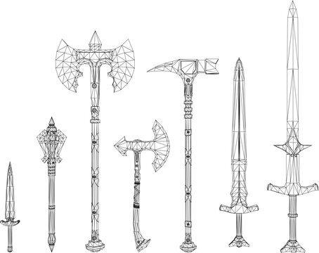Multi angle graphic presentation of fantasy RPG warrior weapon pack featuring executioner axe longsword spiked mace and hunting dagger.