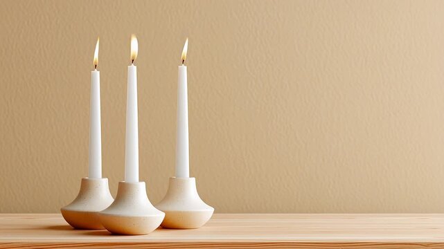 Minimalist white candles in elegant holders on wooden surface against beige background