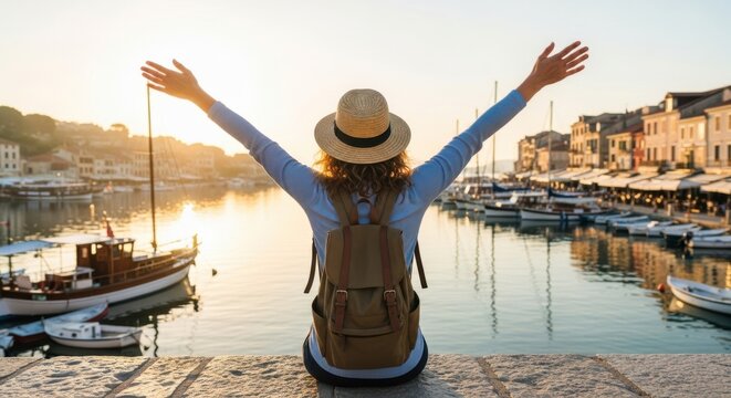 Woman with backpack and straw hat sitting by the harbor with arms raised at sunset