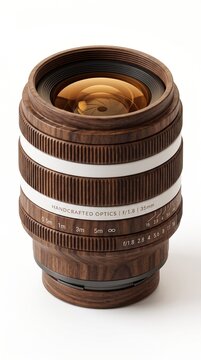 Handcrafted wood textured camera lens with engraved markings aperture scale and artistic optical engineering design