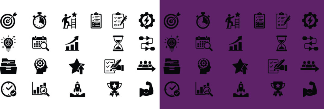 Comprehensive collection of black business and productivity icons on split colored background