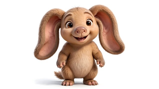 Cute full body baby aardvark with oversized ears and smiling face in a realistic 3D animated style isolated on a white background.