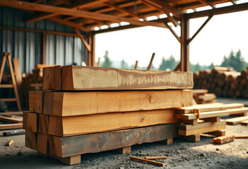 Fototapeta premium Stacked lumber at sawmill under wooden shelter
