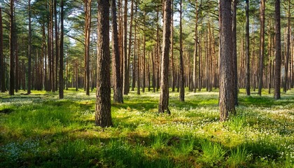 Fototapeta premium Pine Forest With Dense Grass And Wildflowers In Springtime