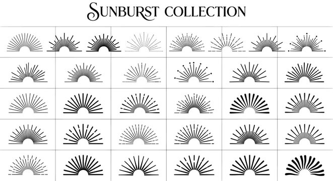 Vintage sunburst collection with 32 hand-drawn sun ray icons. Retro sunrise line art set. Minimalist black sunburst design elements for logos and branding.