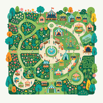 Flat vector illustration of a vibrant carnival and garden map