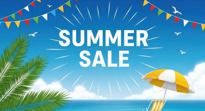 Summer sale background with palm leaves, beach umbrella, and colorful bunting flags
