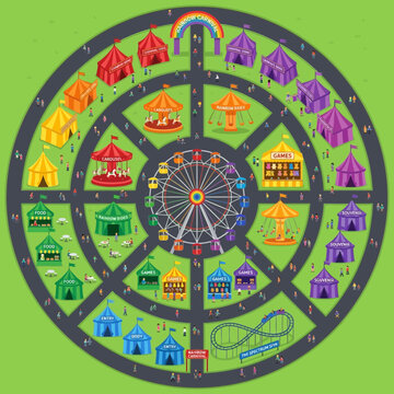 Flat vector illustration of a colorful circular amusement park map