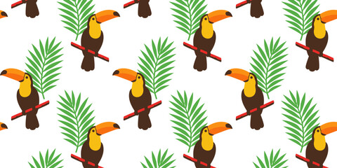 Fototapeta premium tropical toucan seamless pattern with palm leaves and exotic birds