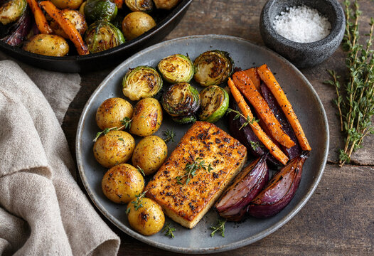 Delicious roasted tofu served with crispy potatoes brussels sprouts carrots onions and fresh herbs on rustic plate perfect for healthy vegetarian meal