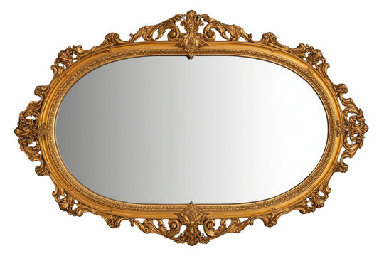 Ornate gold oval mirror featuring elegant baroque and rococo decorative frame details, transparent background