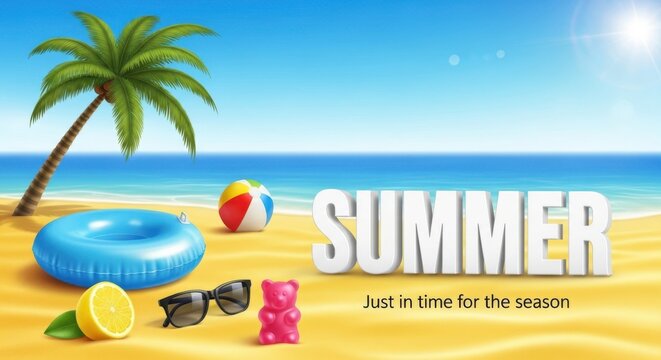 Summer beach scene with palm tree, beach ball, inflatable ring, sunglasses, lemon, and gummy bear