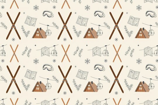 Winter sports pattern featuring crossed skis, ski goggles, wooden cabins, cable cars, and snowflakes on a light cream background, for holidays
