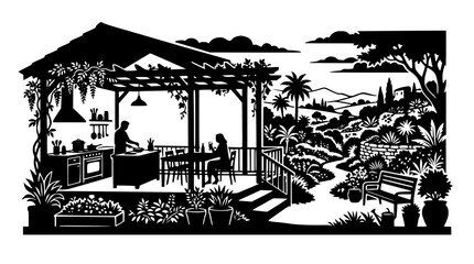 Obraz premium Black and white silhouette of an outdoor kitchen and garden patio