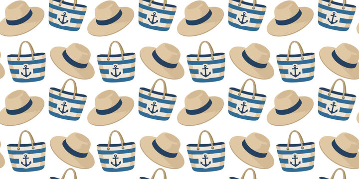 seamless pattern with straw hat and beach bag for coastal summer background