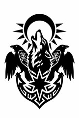Obraz premium Wolf Howling Ravens Moon Norse Mythology Blackwork Tattoo Design Vector Illustration