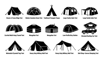 Tents of Various Styles and Designs for Camping and Outdoor Use Featuring Shelter, Dome, Ridge with Cabin and Car Elements © MDTAREK