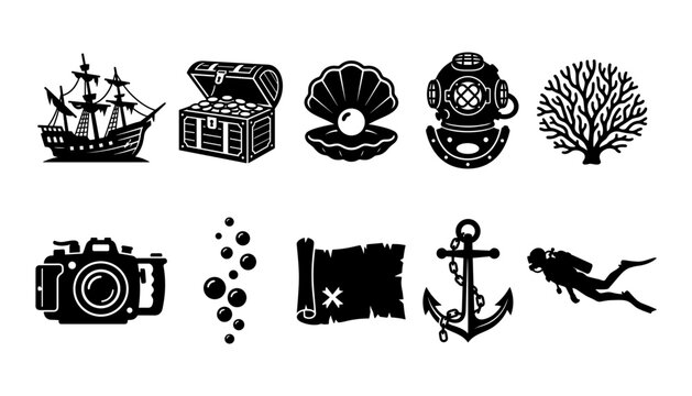 Treasure Icons Including Ship, Chest, Shell, Camera, Bubbles, Flag, Anchor, and Diver Featuring Pearl, Scuba, Diving
