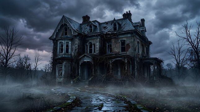 Abandoned haunted mansion in a spooky foggy landscape at night