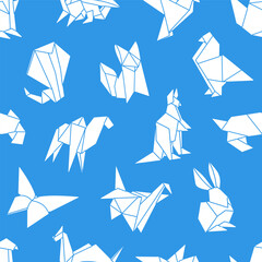 Obraz premium Repeatable pattern of white origami animals. Endless background of Asian figures from folded paper, craft cranes, birds, fox and dragons. Design of wrapping. Flat seamless vector illustration