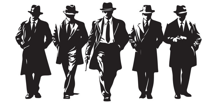 Vintage Gangster Men Walking Silhouette, Classic Mafia Style vector Illustration eps10