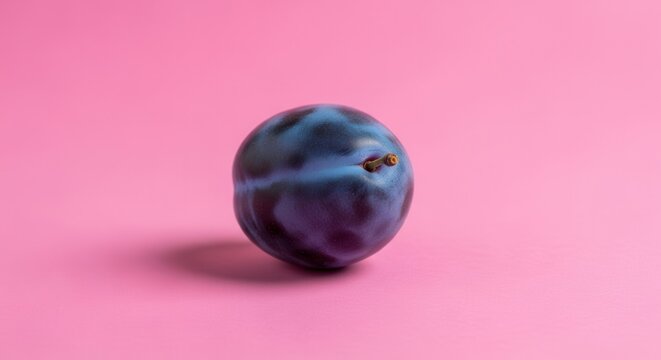 Single Ripe Plum on Pink Background, Sweet Fruit Studio Shot