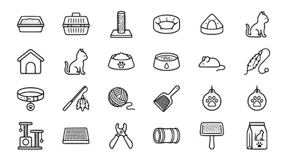 Naklejka premium Cat Care and Pet Supplies Line Icons Set