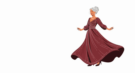 Fototapeta premium Elderly woman vector illustration in elegant red dress dancing gracefully. Senior woman vector graphics depicting joyful maturity and festive celebration.