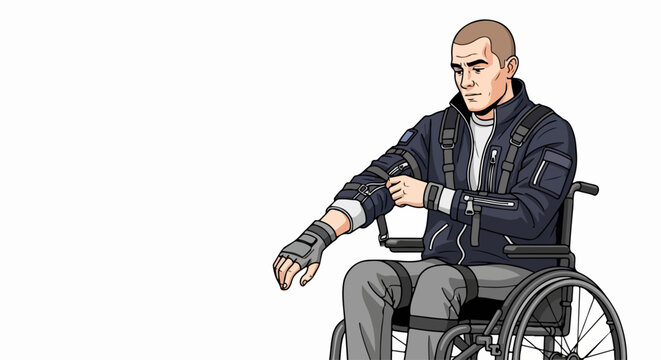 Disabled man in wheelchair vector. Disabled man in wheelchair illustration vector with prosthetic suit and tactical jacket. Rehabilitation concept for medical banner template.