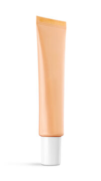 Blank beige plastic cosmetic tube mockup with white cap for foundation cream lotion packaging design