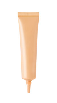 Blank beige plastic cosmetic tube mockup with open nozzle for foundation cream lotion packaging design isolated on transparent black background