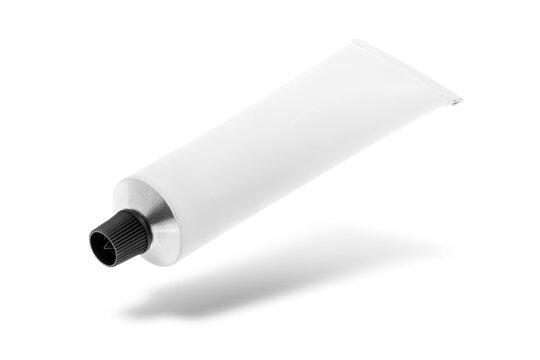 Blank white aluminum cosmetic tube mockup with black cap floating for ointment cream packaging design